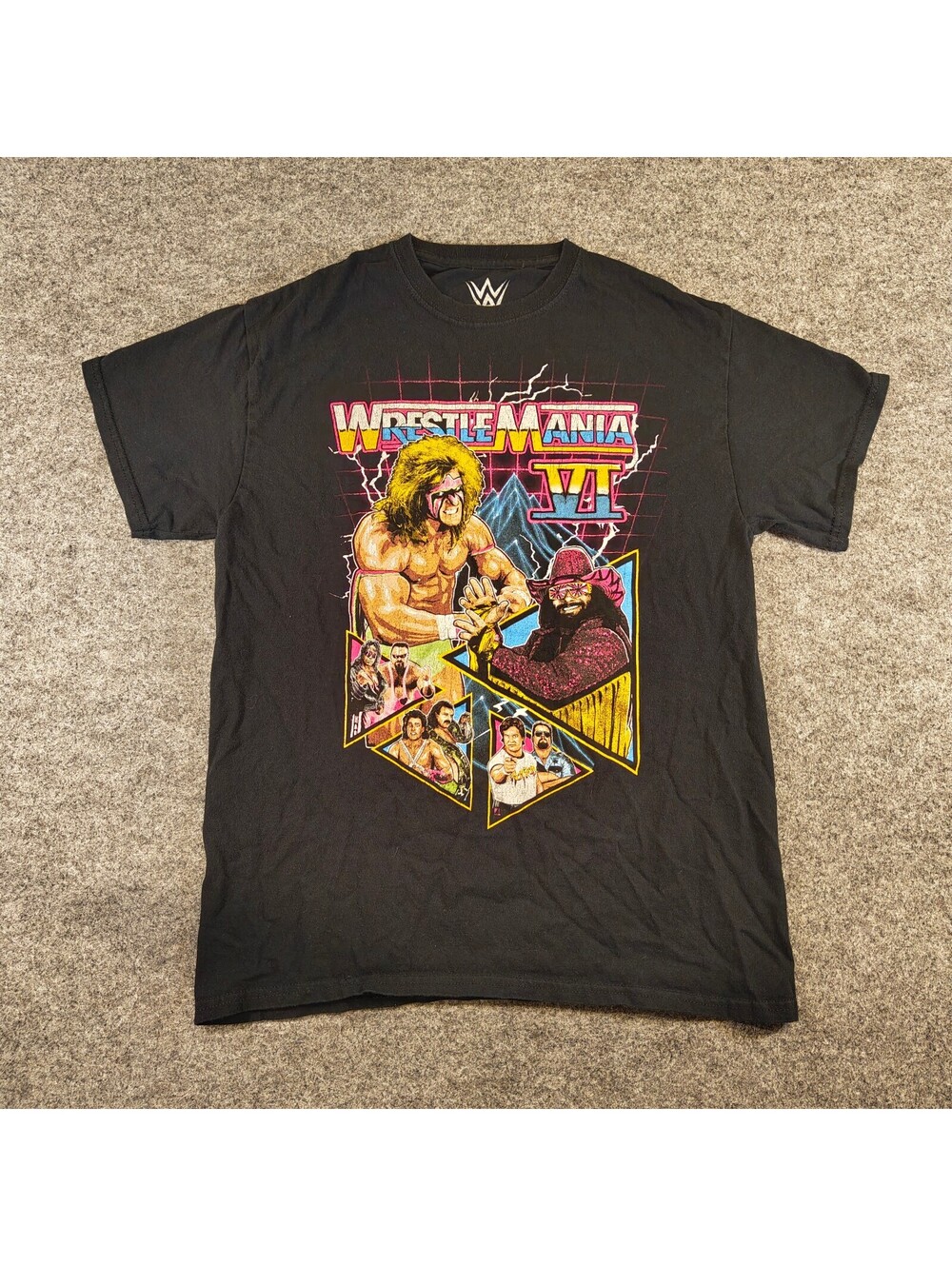 WWE WrestleMania VI Black Graphic T-Shirt Ultimate Warrior Macho Man Mens Size M